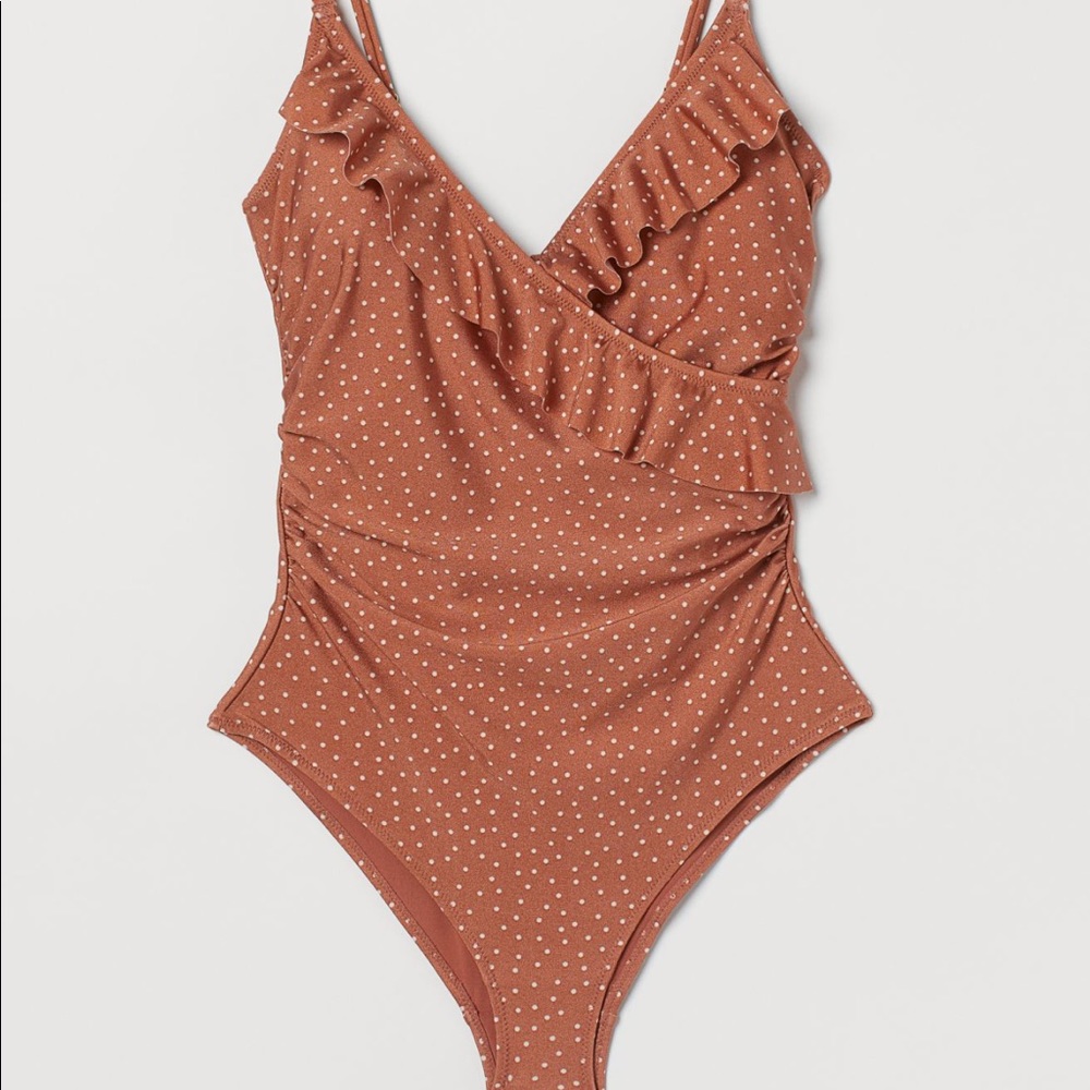 EUC H&M Rust & white Polka Dot and Flounced Shaping One Piece Swimsuit Small